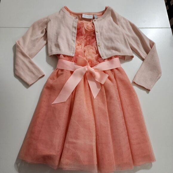 Girls Peach Roses Floral Formal Elegant Dress, Cardigan, & Headband Set Size 5/6 - Picture 6 of 16